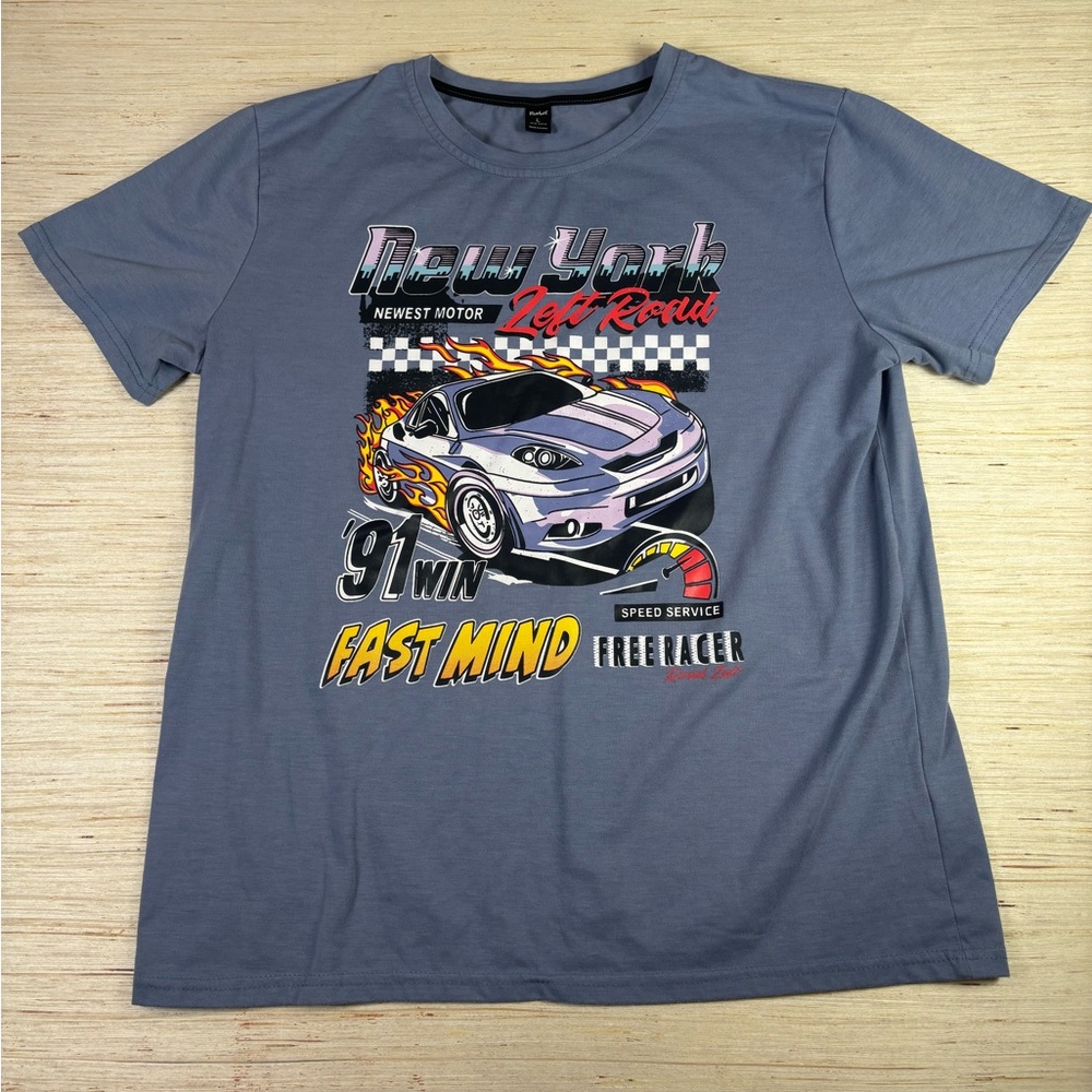 Romwe Racing Car Graphic Tee “New York Left Road” Slate Blue Sz L